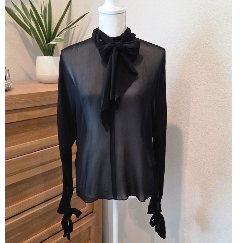 Lilysilk  Bow Blouse Sheer Mulberry Silk Tie Neck Black Elegant Chic Goth Small